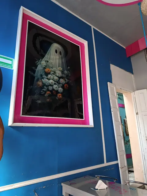Muro azul con un cuadro de marco rosa: una figura con velo rodeada de flores y calaveras