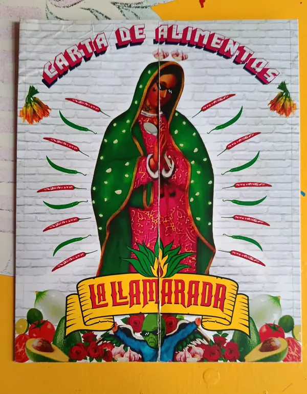 Portada de la carta de alimentos: Virgen de Guadalupe con lentes oscuros, chiles en abanico y el logo de La Llamarada