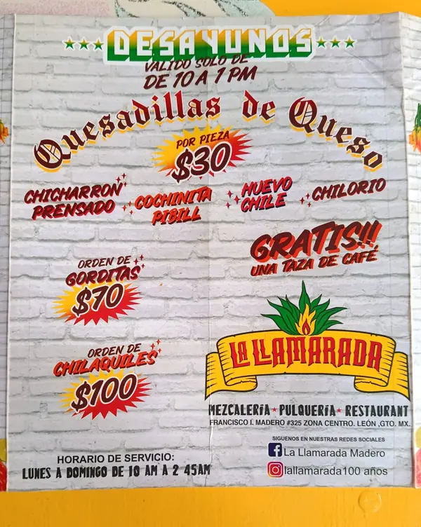 Contraportada: desayunos de 10 a 1, quesadillas de queso $30, orden de gorditas $70, chilaquiles $100, taza de café gratis, dirección y horario. Detalle en la carta en texto.