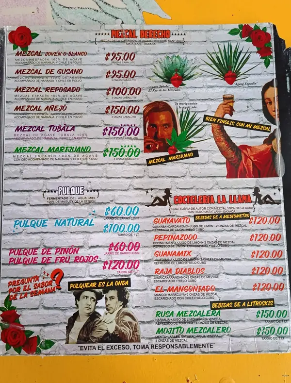 Página central: mezcal derecho de $95 a $150, pulque desde $60, coctelería La Llama de $120 a $150. Detalle en la carta en texto.