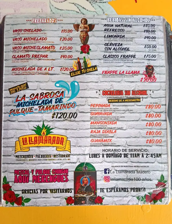 Contraportada: preparados desde $15, michelada de pulque y tamarindo $120, bebidas sin alcohol desde $35, frappé La Llama $90 y coctelería sin alcohol $80. Detalle en la carta en texto.